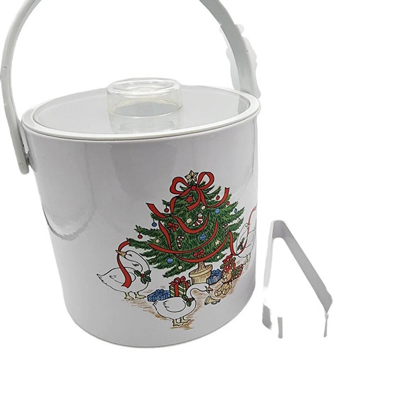 Vintage Pheonix Christmas Tree 3.5 Quart Covered Ice bucket with Tongs & Box HTF - Picture 6 of 13